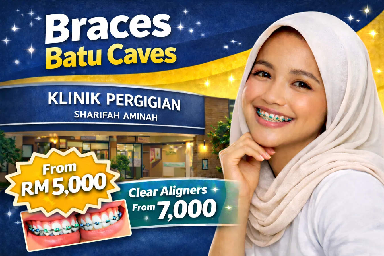 Pesakit wanita bertudung tersenyum dengan braces, rawatan braces pendakap gigi di Batu Caves
