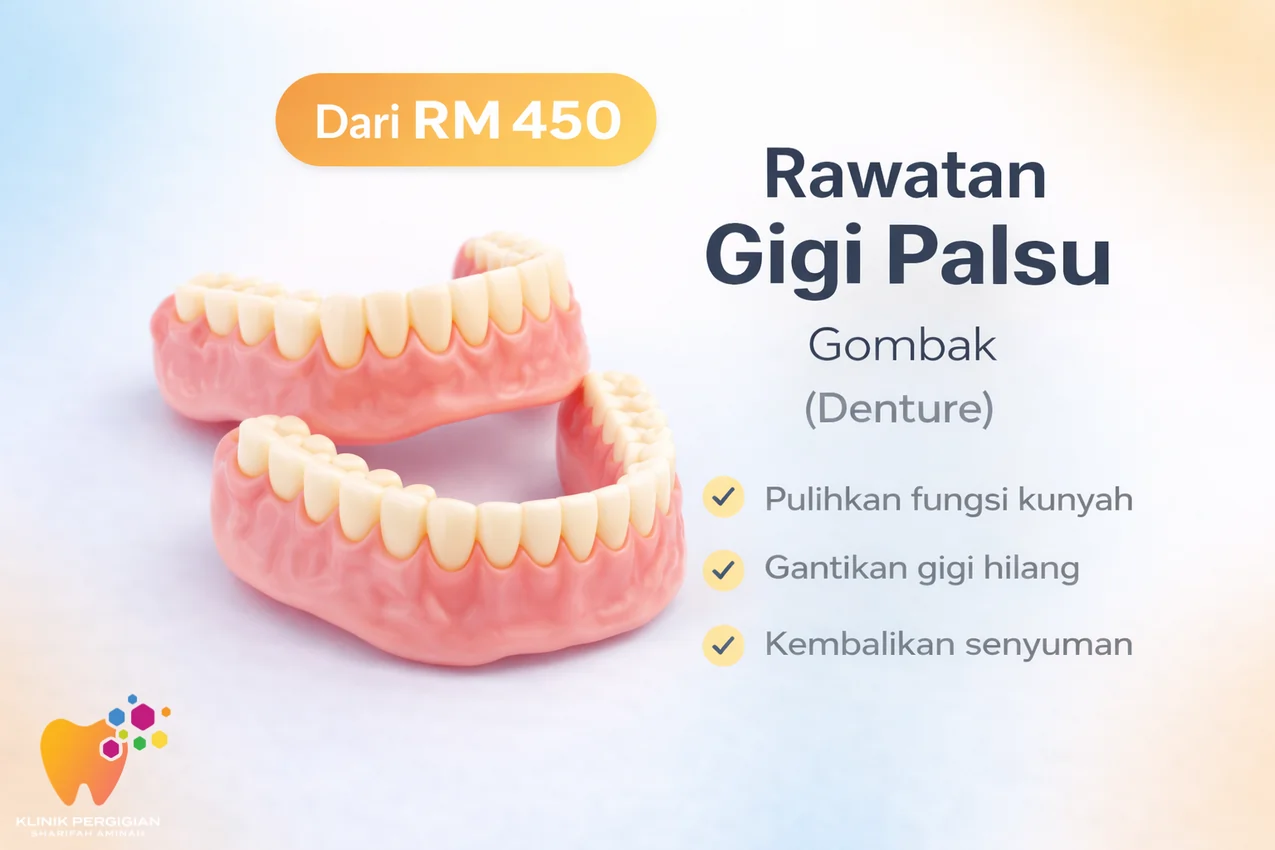 Rawatan gigi palsu denture untuk menggantikan gigi hilang di Klinik Pergigian Sharifah Aminah di  Gombak