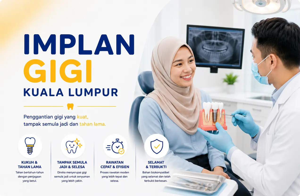 Rawatan implant gigi di Kuala Lumpur untuk menggantikan gigi hilang di Klinik Pergigian Sharifah Aminah.