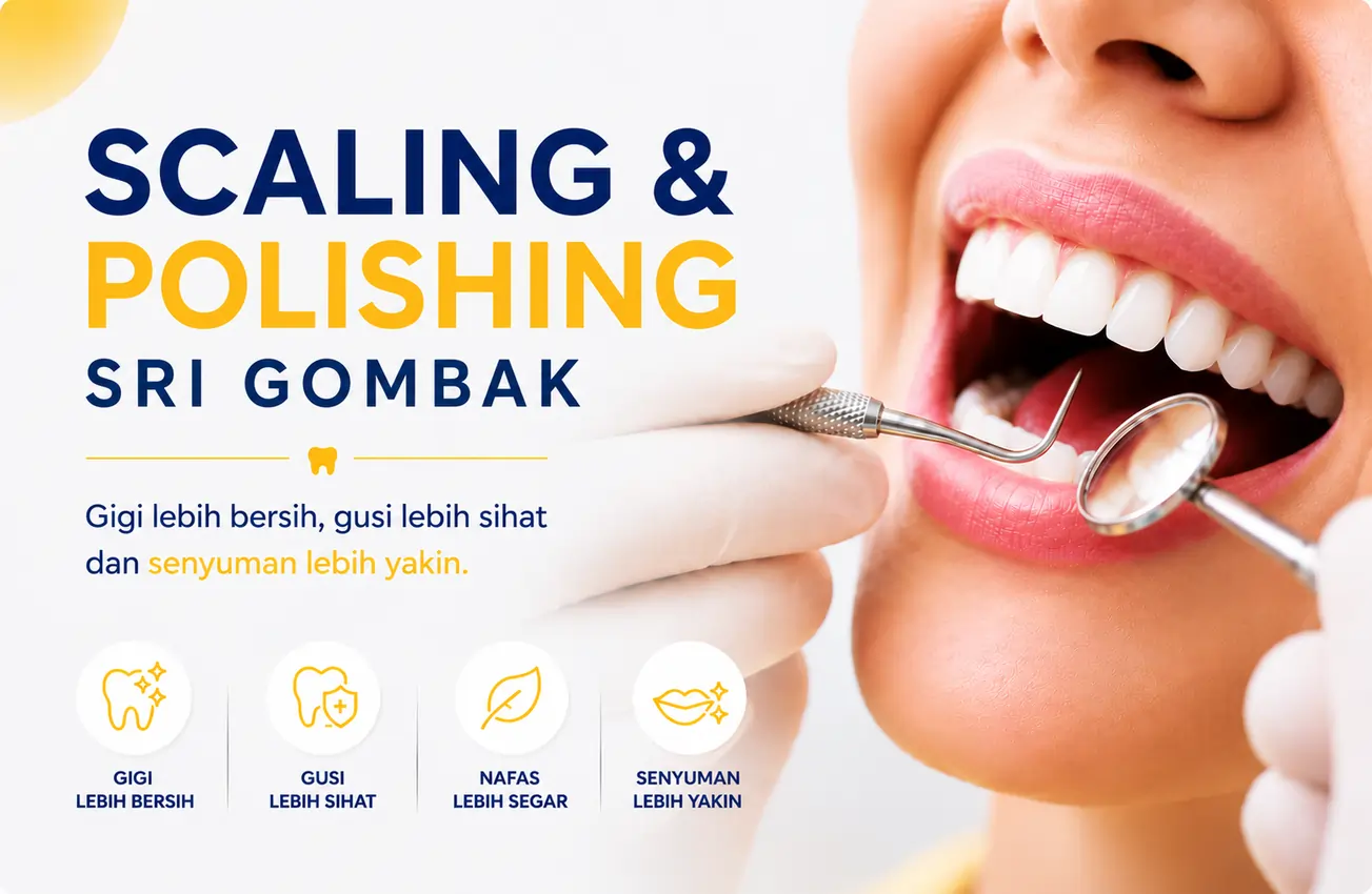 Rawatan scaling dan polishing gigi di Sri Gombak di Klinik Pergigian Sharifah Aminah untuk membuang karang gigi dan membantu menjaga kesihatan gusi sekitar Kuala Lumpur.