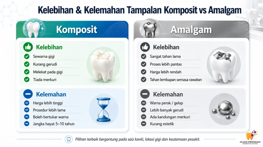 Infografik kelebihan dan kelemahan tampalan komposit berbanding amalgam untuk panduan pesakit