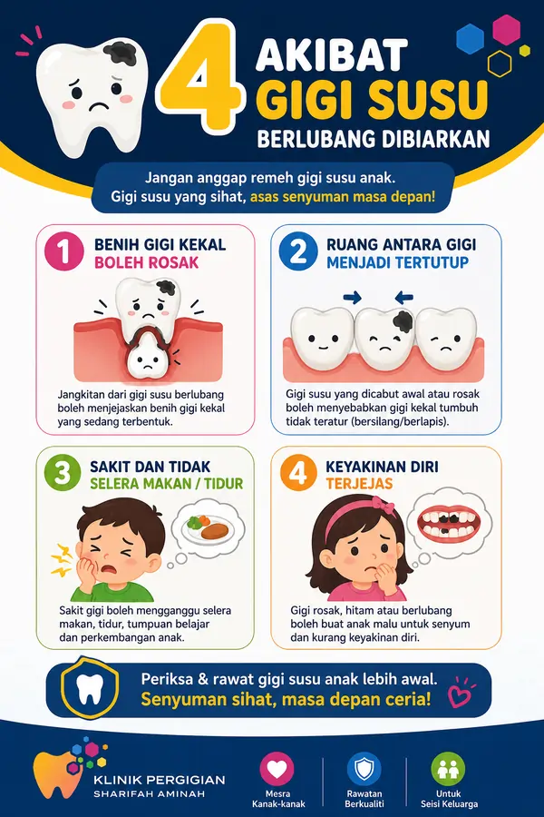 Infografik 4 akibat gigi susu berlubang jika dibiarkan tanpa rawatan