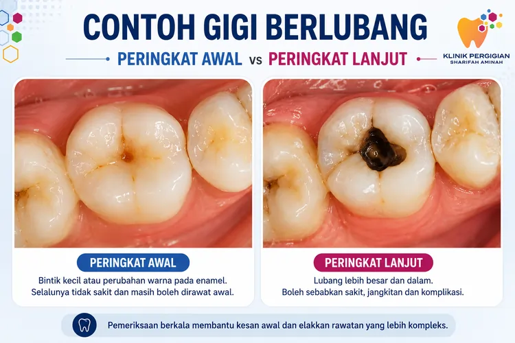 Contoh gigi berlubang peringkat awal berbanding peringkat lanjut yang memerlukan rawatan segera