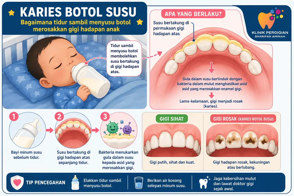 Diagram karies botol susu menunjukkan bagaimana tidur sambil menyusu botol merosakkan gigi hadapan anak