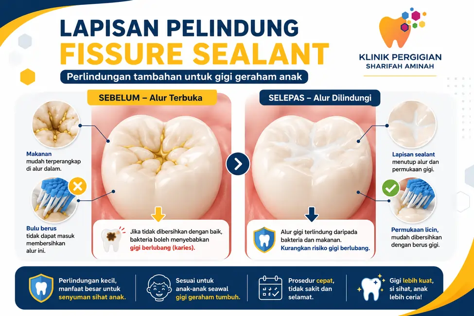 Diagram lapisan pelindung fissure sealant menutup alur gigi geraham untuk elakkan gigi anak berlubang
