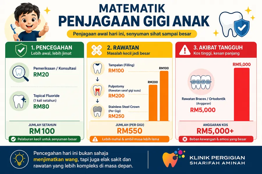 Perbandingan kos pencegahan dan rawatan gigi kanak-kanak menunjukkan pemeriksaan awal lebih jimat