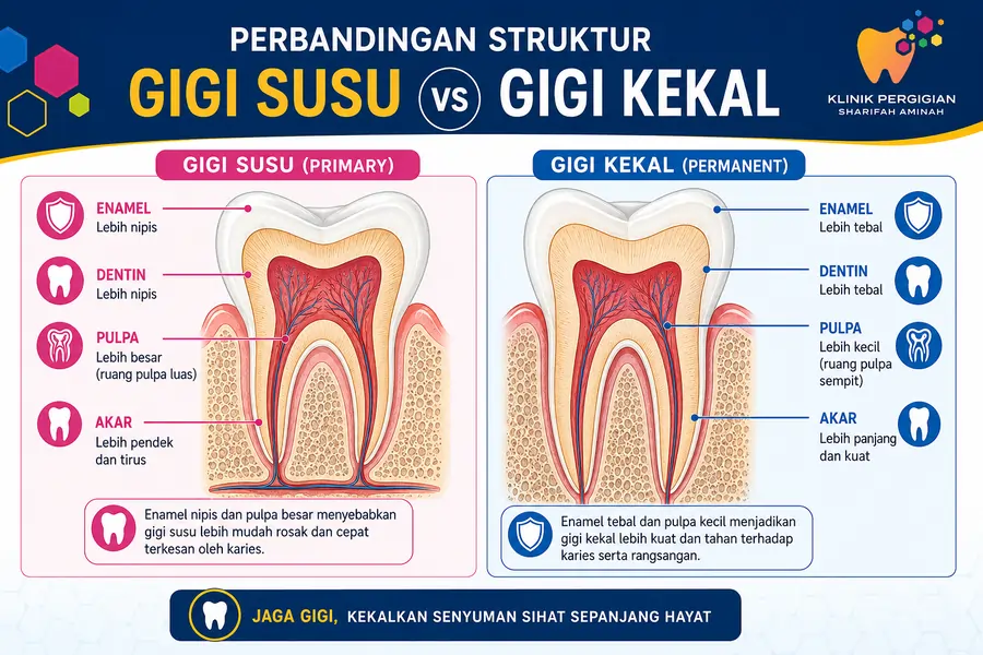 Perbandingan struktur gigi susu dan gigi kekal menunjukkan enamel gigi susu lebih nipis dan pulpa lebih besar