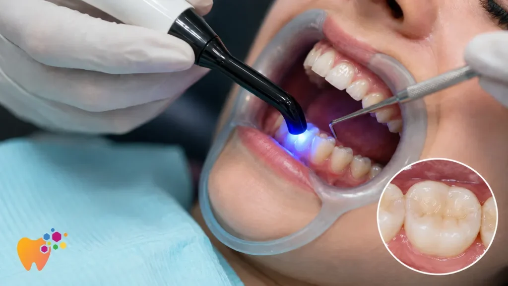 Proses tampal gigi komposit berlapis menggunakan lampu curing UV di klinik gigi Wangsa Maju KL