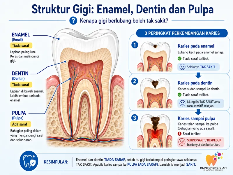 Diagram struktur gigi menunjukkan lapisan enamel, dentin, dan pulpa serta kenapa gigi berlubang boleh tak sakit