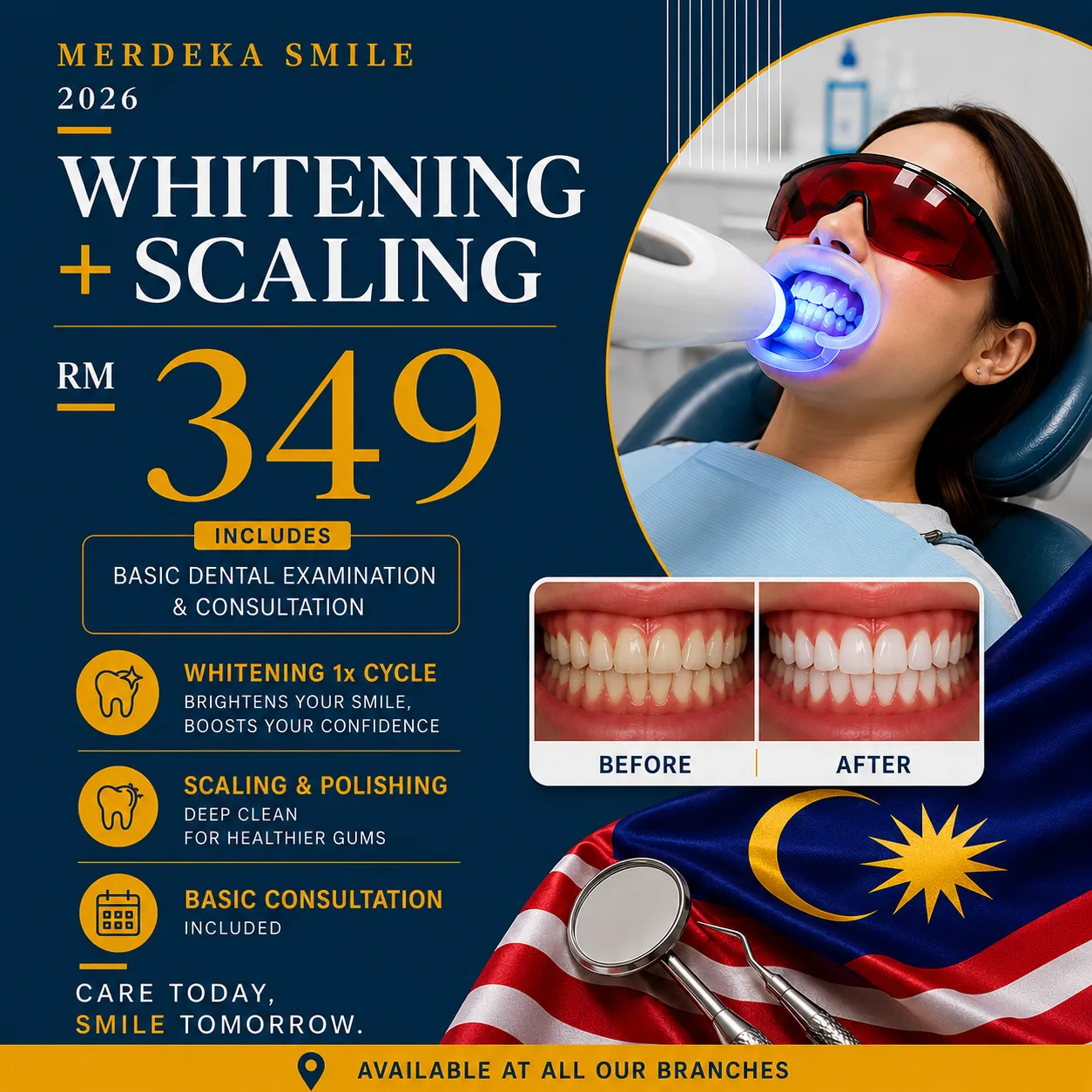 Poster promosi Merdeka 2026 teeth whitening dan scaling RM349 dengan perbandingan sebelum dan selepas di Klinik Pergigian Sharifah Aminah