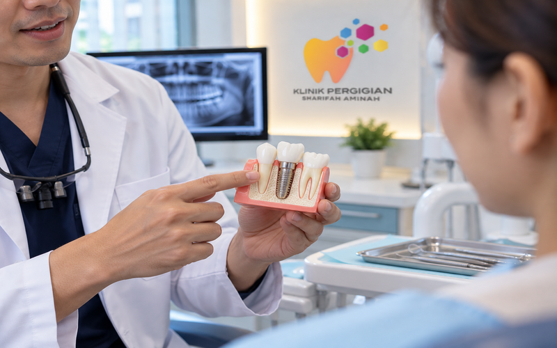 Implant gigi titanium dengan crown di klinik pergigian