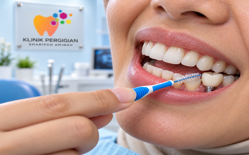 Penjagaan harian implant gigi menggunakan interdental brush