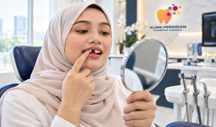 Pesakit memeriksa ruang satu gigi yang hilang sebelum memilih gigi palsu sebatang di Wangsa Maju
