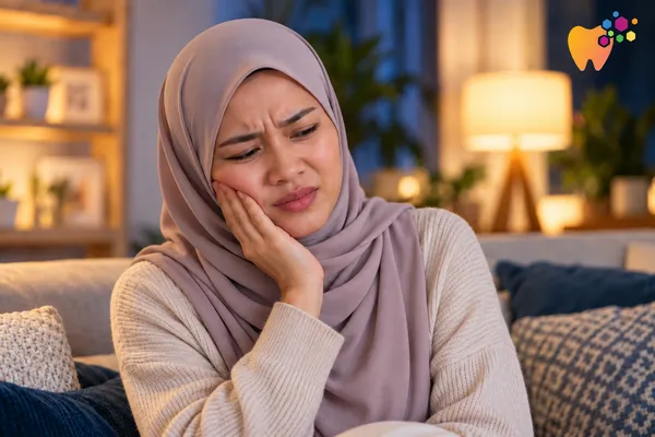 Wanita memegang pipi akibat sakit gigi berdenyut, tanda perlu rawatan akar gigi